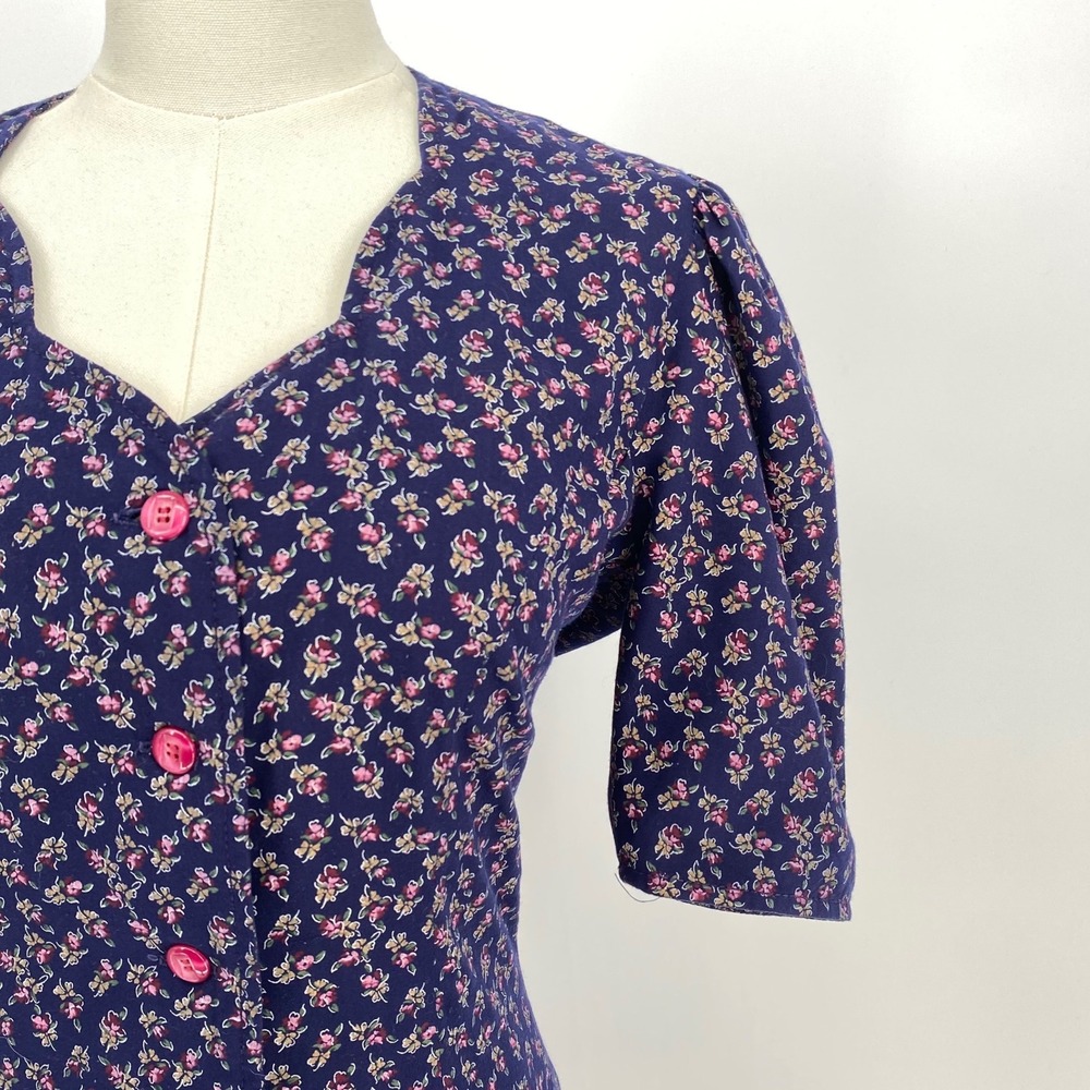Vintage Navy Blue Pink Floral Midi Dress S Cottage Prairie Button Puff Sleeve - Picture 15 of 15